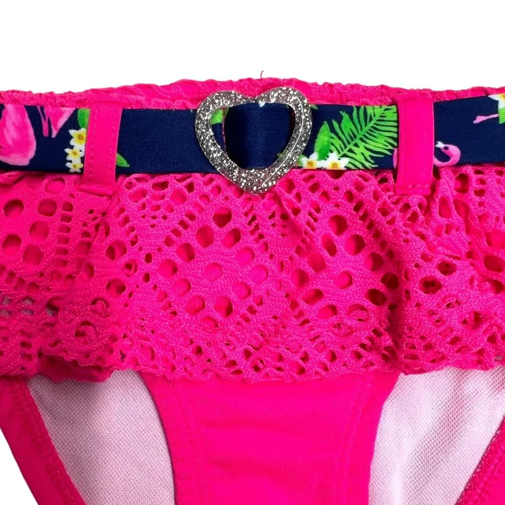 Lemon Kiss Navy Pink Flamingo Tropical Green Leaves Floral Bikini Girls‎ 12M